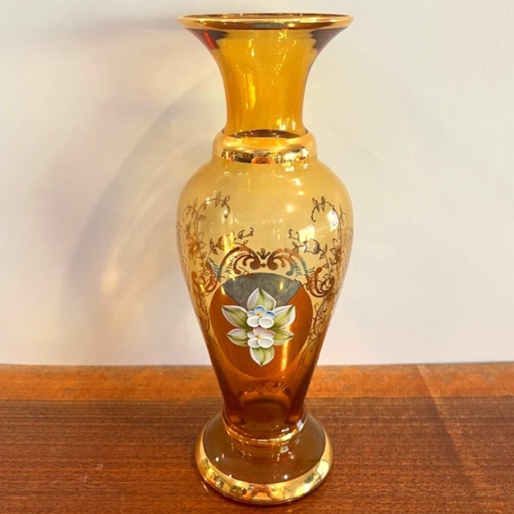 Venetian Hand Painted Enamel Flowers and Gold Amber Vase Signed